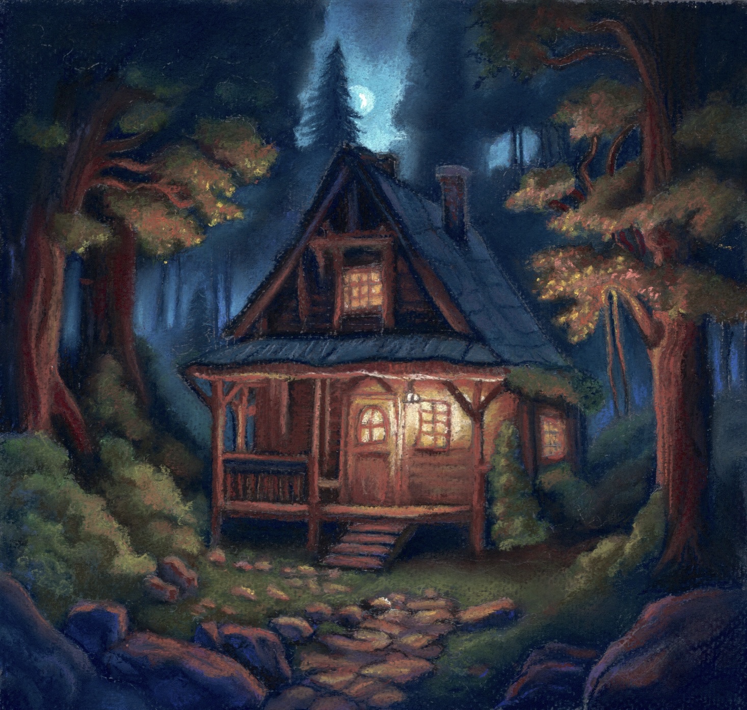 Screenshot cozy cabin in the wood pastel on paper artwork